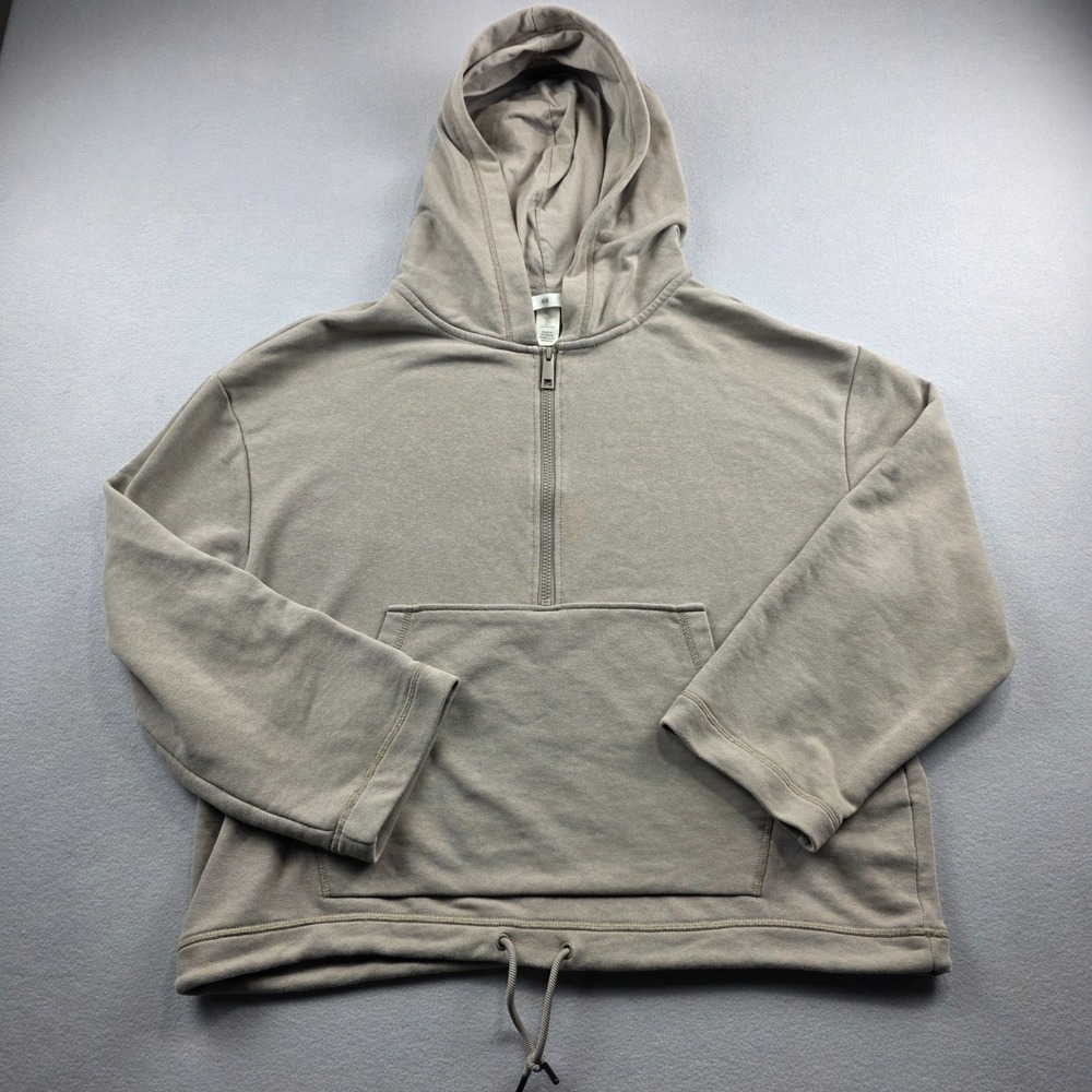 HM Womens Large Taupe‎ Beige Quarter Zip Hoodie Drawstring Pullover Sweatshirt